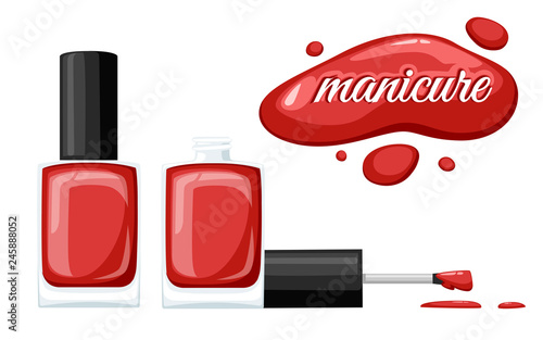 Round red glossy nail polish bottle with black cap. Flat vector illustration on white background. Manicure concept. Opened bottle and drop of nail polish