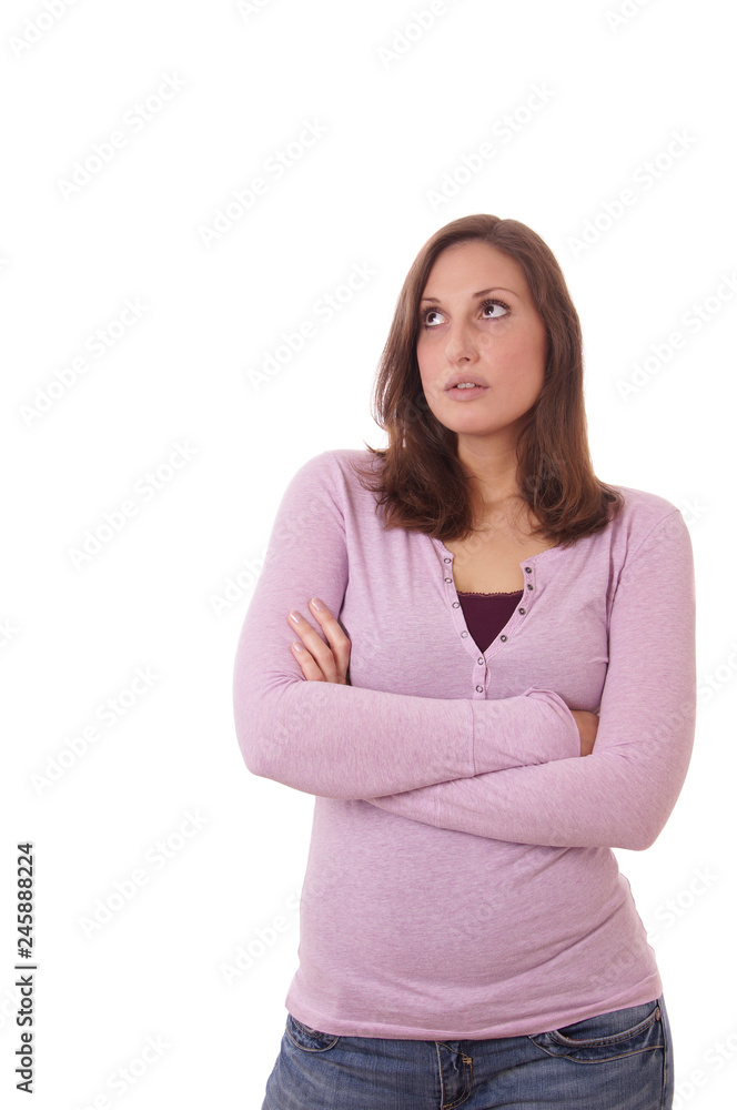 thoughtful young woman looking up, isolated on white thoughtful young woman looking up, isolated on white