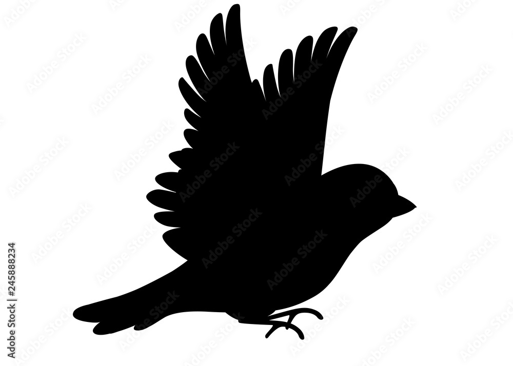 Black silhouette. Side view of flying Sparrow bird. Flat cartoon character design. Colorful bird icon. Cute sparrow for world sparrow day. Vector illustration isolated on white background Black silhouette. Side view of flying Sparrow bird. Flat cartoon character design. Colorful bird icon. Cute sparrow for world sparrow day. Vector illustration isolated on white background