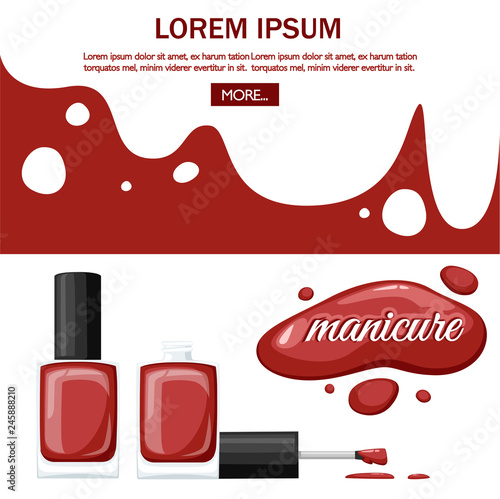 Round red glossy nail polish bottle with black cap. Flat vector illustration on white background. Manicure concept. Opened bottle and drop of nail polish. Place for text