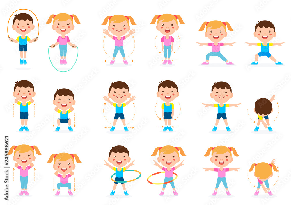 Girl and boy children fitness exercise set. Vector illustration.