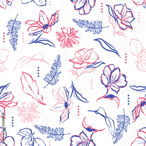 Colorful hand drawn flowers and brush strokes. Vector seamless pattern illustration design for fshion,fabric ,and all prints