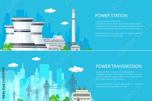 Set of Banners with Electric Power Transmission ,High Voltage Power Lines Supplies Electricity to the City and Nuclear Plant on a Blue Background , Vector Illustration