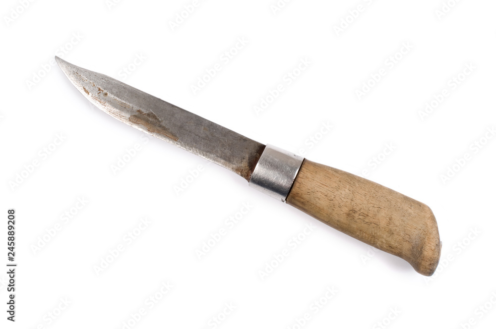 Old sharp hunting knife isolated on white background. Old sharp hunting knife isolated on white background.