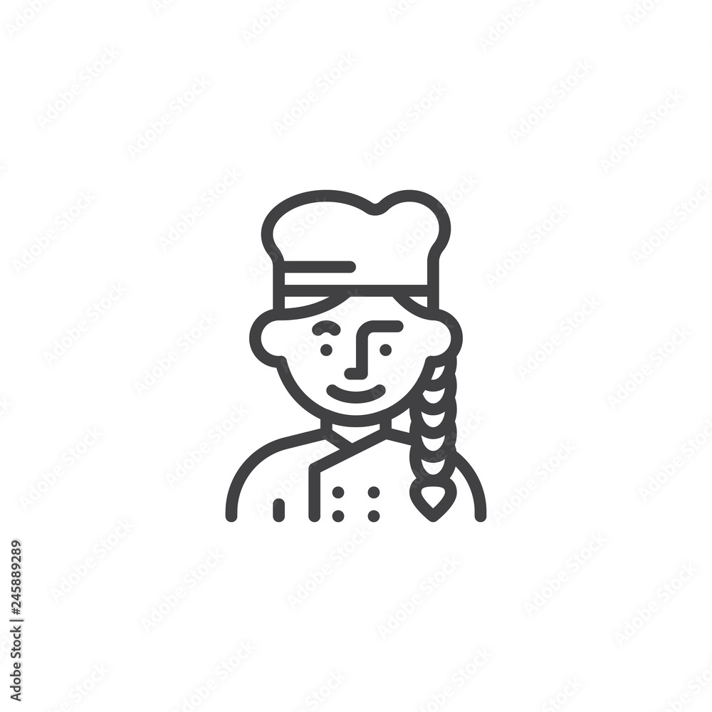 Female chef avatar line icon. linear style sign for mobile concept and web design. Cooker woman, cook outline vector icon. Symbol, logo illustration. Pixel perfect vector graphics Female chef avatar line icon. linear style sign for mobile concept and web design. Cooker woman, cook outline vector icon. Symbol, logo illustration. Pixel perfect vector graphics