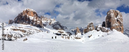 Winter landscape in The Dolomites. Tofana di Rozes and the Five Towers (Cinque Torri) group near Cortina d'Ampezzo. Veneto, Italy.