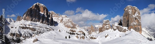 Winter landscape in The Dolomites. Tofana di Rozes and the Five Towers (Cinque Torri) group near Cortina d'Ampezzo. Veneto, Italy.