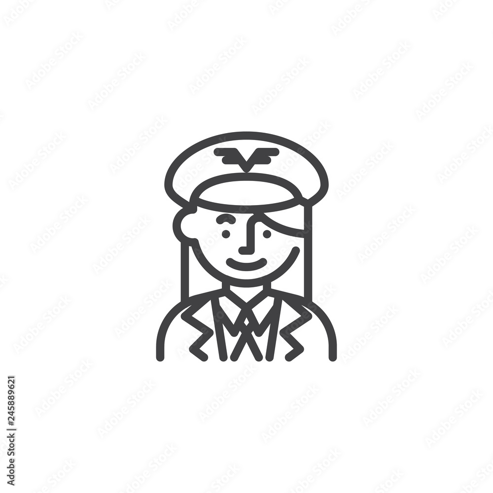 Woman pilot avatar line icon. linear style sign for mobile concept and web design. Airline pilot in uniform outline vector icon. Symbol, logo illustration. Pixel perfect vector graphics Woman pilot avatar line icon. linear style sign for mobile concept and web design. Airline pilot in uniform outline vector icon. Symbol, logo illustration. Pixel perfect vector graphics