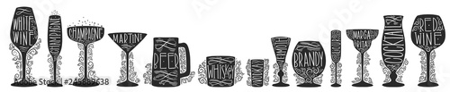 Set of silhouette images of glass glasses for different drinks. Shape stemware lettering text.