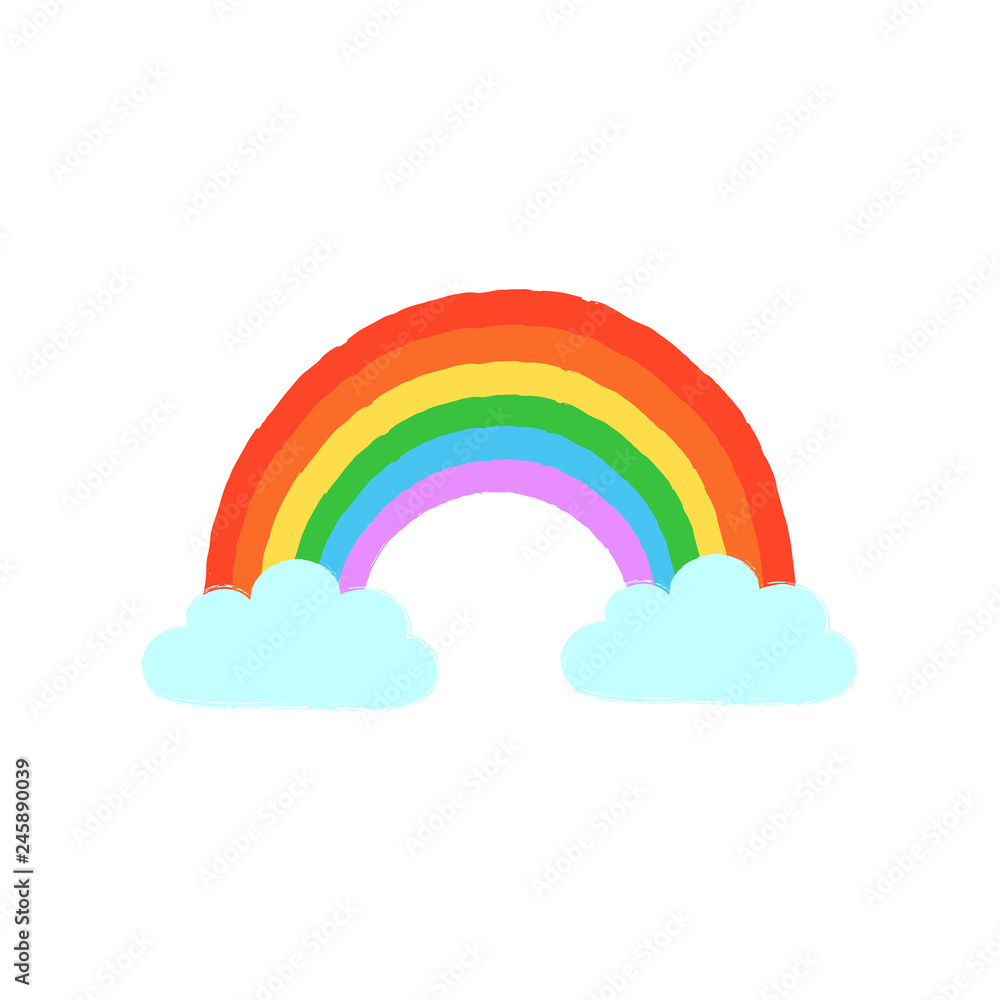 Hand drawn bright rainbow with clouds for weather related concept or Gay Pride, LGBT or Tolerance issues or for nursery poster, banner, logo, icon, fashion print, birthday celebration. Isolated Hand drawn bright rainbow with clouds for weather related concept or Gay Pride, LGBT or Tolerance issues or for nursery poster, banner, logo, icon, fashion print, birthday celebration. Isolated