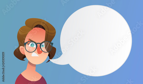 Girl with short hair and glasses in cartoon style with speeech bubble. Beautiful vector flat design set template. Flyer nd site elements.