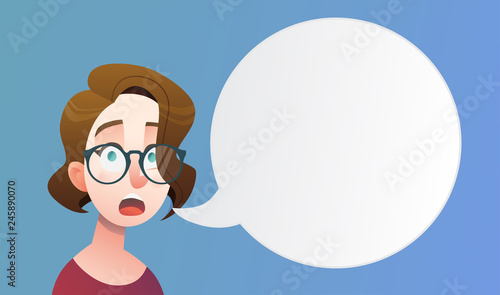 Girl with short hair and glasses in cartoon style with speeech bubble. Beautiful vector flat design set template. Flyer nd site elements.