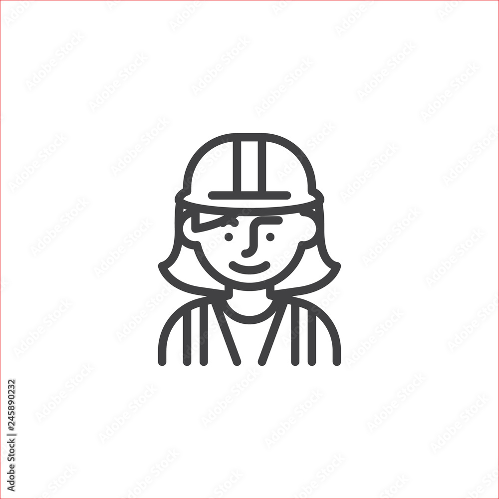 Woman construction worker line icon. linear style sign for mobile concept and web design. Woman wearing hard hat outline vector icon. Symbol, logo illustration. Pixel perfect vector graphics Woman construction worker line icon. linear style sign for mobile concept and web design. Woman wearing hard hat outline vector icon. Symbol, logo illustration. Pixel perfect vector graphics