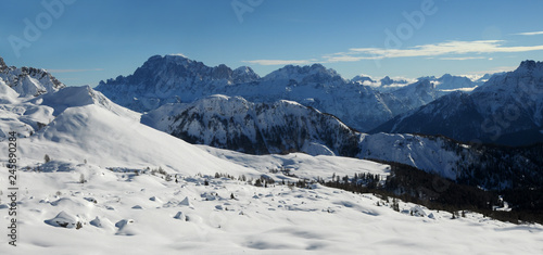 Winter landscape from Cima Uomo at Passo San Pellegrino in the italian Dolomites. Trentino Alto-Adige  Northern Italy.