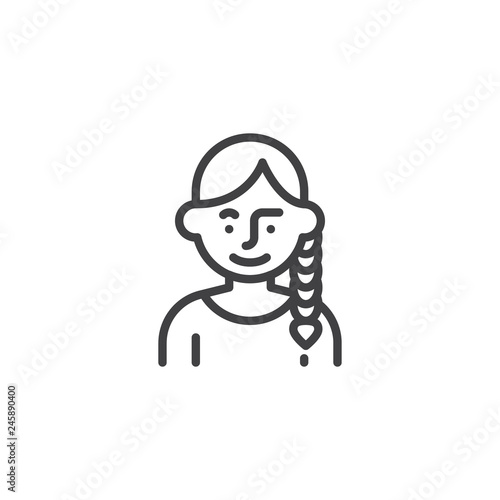 Girl with braid hair line icon. linear style sign for mobile concept and web design. Cute girl avatar character outline vector icon. Symbol, logo illustration. Pixel perfect vector graphics