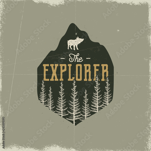 Camping Wildlife Badge. The Explorer Logo. Mountain adventure emblem in silhouette retro style. Featuring pine forest, pig and text. Travel patch. Stock vector hiking label isolated grunge background