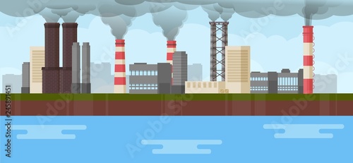 Air industrial pollution environmental issues smoke chimney industry vector illustration. Global pipe toxic dirty smog. Factory smokestack.