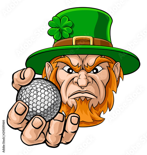 A leprechaun golf sports mascot holding a ball 