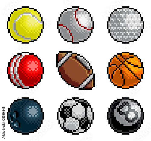 An 8 bit pixel art style video arcade game cartoon sports balls icon set