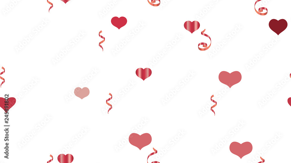Vector Seamless Pattern on a White Background. Festive Pattern of Hearts and Serpentine. Falling Red confetti. The foundation of packaging, textiles, wallpaper, banner, printing.