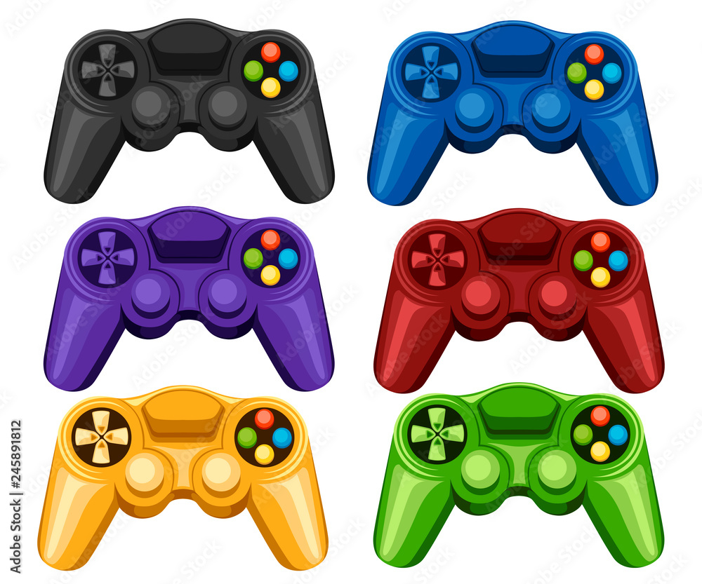 Set of colorful wireless game pads. Video game controller. Gamepad for PC  or Console gaming. Flat vector illustration isolated on white background  Stock Vector | Adobe Stock