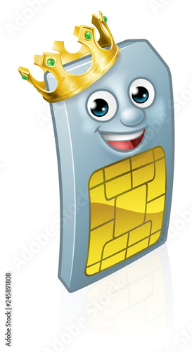 A mobile phone sim card cartoon character mascot wearing a gold king crown
