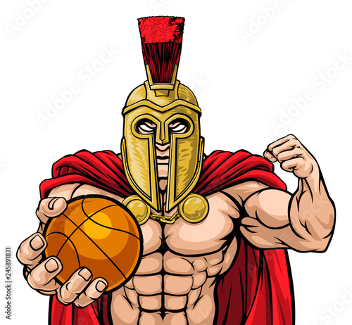 A Spartan or Trojan warrior Basketball sports mascot holding a ball