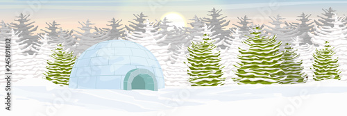Igloo. Icehouse. Ice dwelling of the Eskimos. Snow covered plain. Spruce forest. Arctic and Antarctic. Realistic vector landscape.