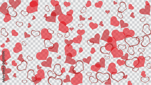 Festive background. A sample of wallpaper design, textiles, packaging, printing, holiday invitation for Valentine's Day. Red hearts of confetti crumbled. Red on Transparent fond Vector.