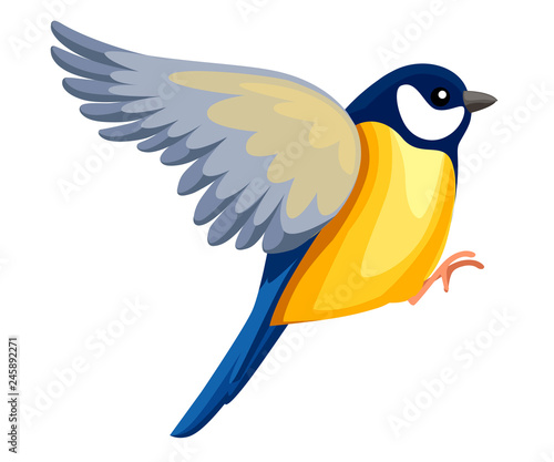 Side view of flying Titmouse bird. Flat cartoon character design. Colorful bird icon. Cute titmouse template. Vector illustration isolated on white background