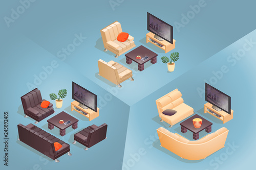 Isometric cartoon armchair, TV,  icon isolated on blue.