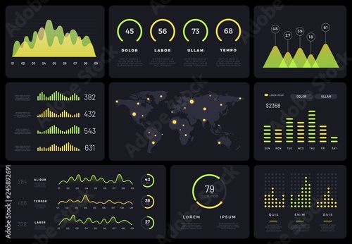 Tech chart infographic diagram vector interface. Futuristic HUD diagrams, holographic data bars, abstract graphs on dark background. Modern ui chart, collection of 3D website vector template analytics