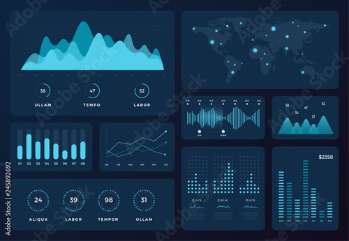 Tech chart infographic. Futuristic HUD diagrams, holographic data bars, abstract graphs on dark background. Vector infographic design elements