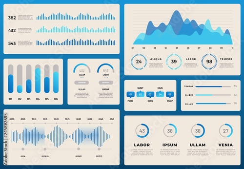 Tech chart infographic. Futuristic HUD diagrams, holographic data bars, abstract graphs, dashboard statistics workflow on blue gradient background. Modern ui, vector infographic design elements
