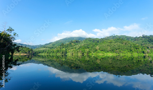 Mountain and Lake with reflex in the water scenery beautiful view with blue sky and clouds in phuket thailand