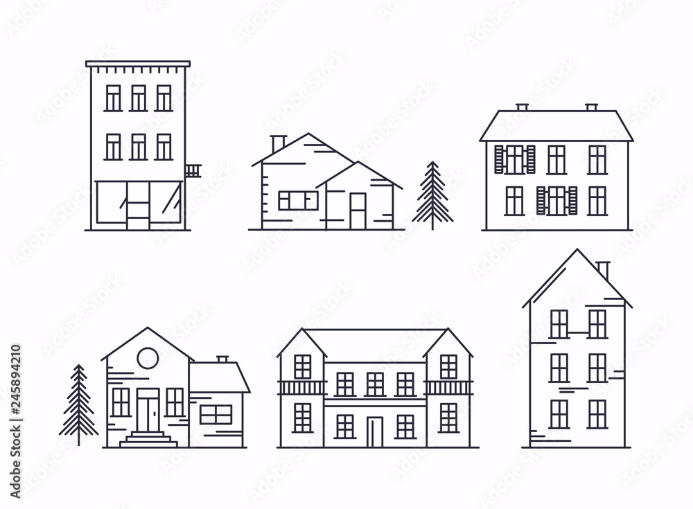 Vector illustration in linear style. Icons and illustrations with buildings, houses and trees. Ideal for business web publications, graphic design. Flat style vector illustration.