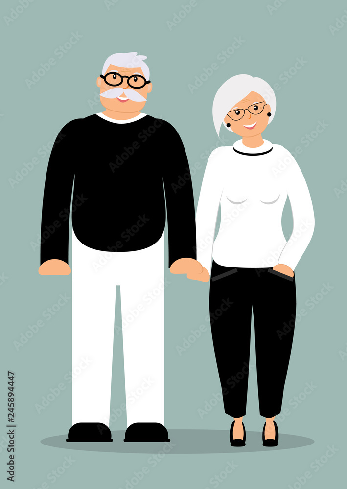 Happy family seniors: cute smiling holding hands smart elderly man and woman in full growth dressed in trendy clothes in black and white on the blue background. Vector flat illustration