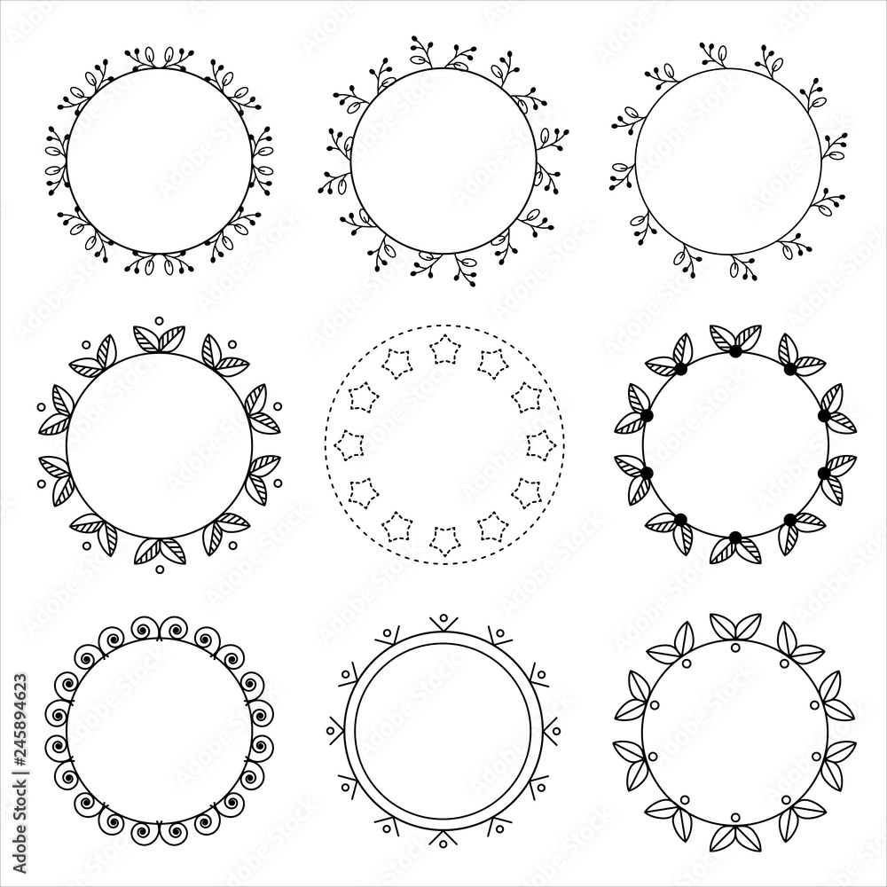Vector set of beautiful floral abstract round frames. Borders, line-art. Decoration elements with leaves, berries and stars. Vector set of beautiful floral abstract round frames. Borders, line-art. Decoration elements with leaves, berries and stars.