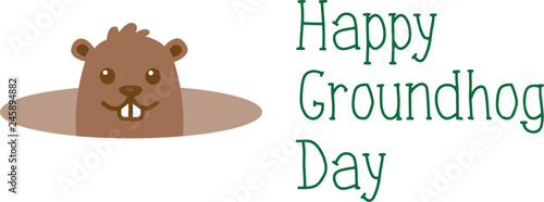 Happy Groundhog day, welcome of spring greeting card. Cute cartoon groundhog with handwritten text. Isolated on white background.
