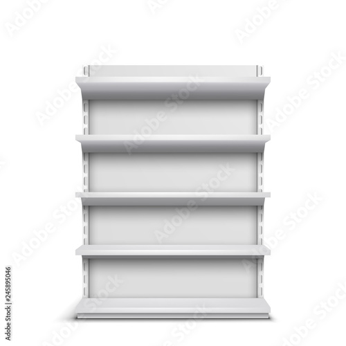 Grocery store rack with empty shelves 3d realistic vector isolated on white background. Supermarket showcase mockup template. Home furniture for interior and storage of personal belongings, books