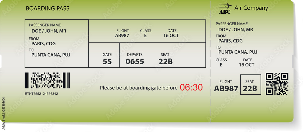 Pattern of a boarding pass and air ticket with barcode. Realistic ...