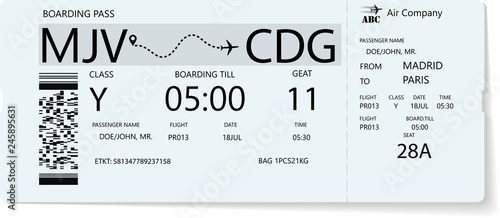 Realistic airline ticket design with not real text information. Vector illustration