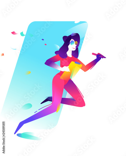 Illustration of a girl in glasses and with a tablet. A cute character in a comic, cartoonish style. Check in. The illustration is isolated on a white background. Mascot for banner, poster and print.