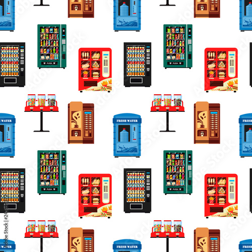 Seamless pattern vending machines full of products, dispensers collection with water candy cigarettes snacks coffee hot food on white background - flat vector illustration