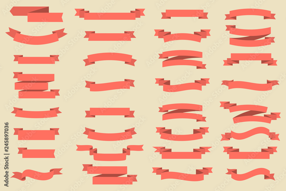 Collection Vector Ribbon Banners in flat design. Ribbon Banners in coral color. Collection Vector Ribbon Banners in flat design. Ribbon Banners in coral color.