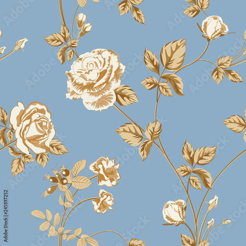 floral background with golden roses flowers on blue