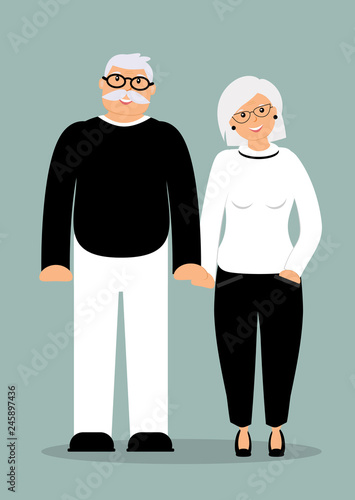 Happy family seniors  cute smiling holding hands smart elderly man and woman in full growth dressed in trendy clothes in black and white on the blue background. Vector flat illustration
