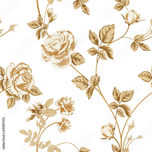 floral background with golden roses flowers on white