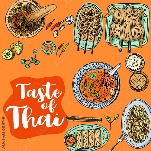Thai food flyer design. Linear graphic. Vector illustration. Engraved style.
