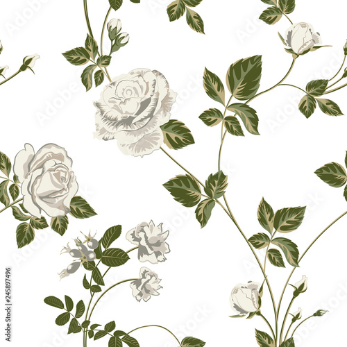floral background with white roses flowers on white